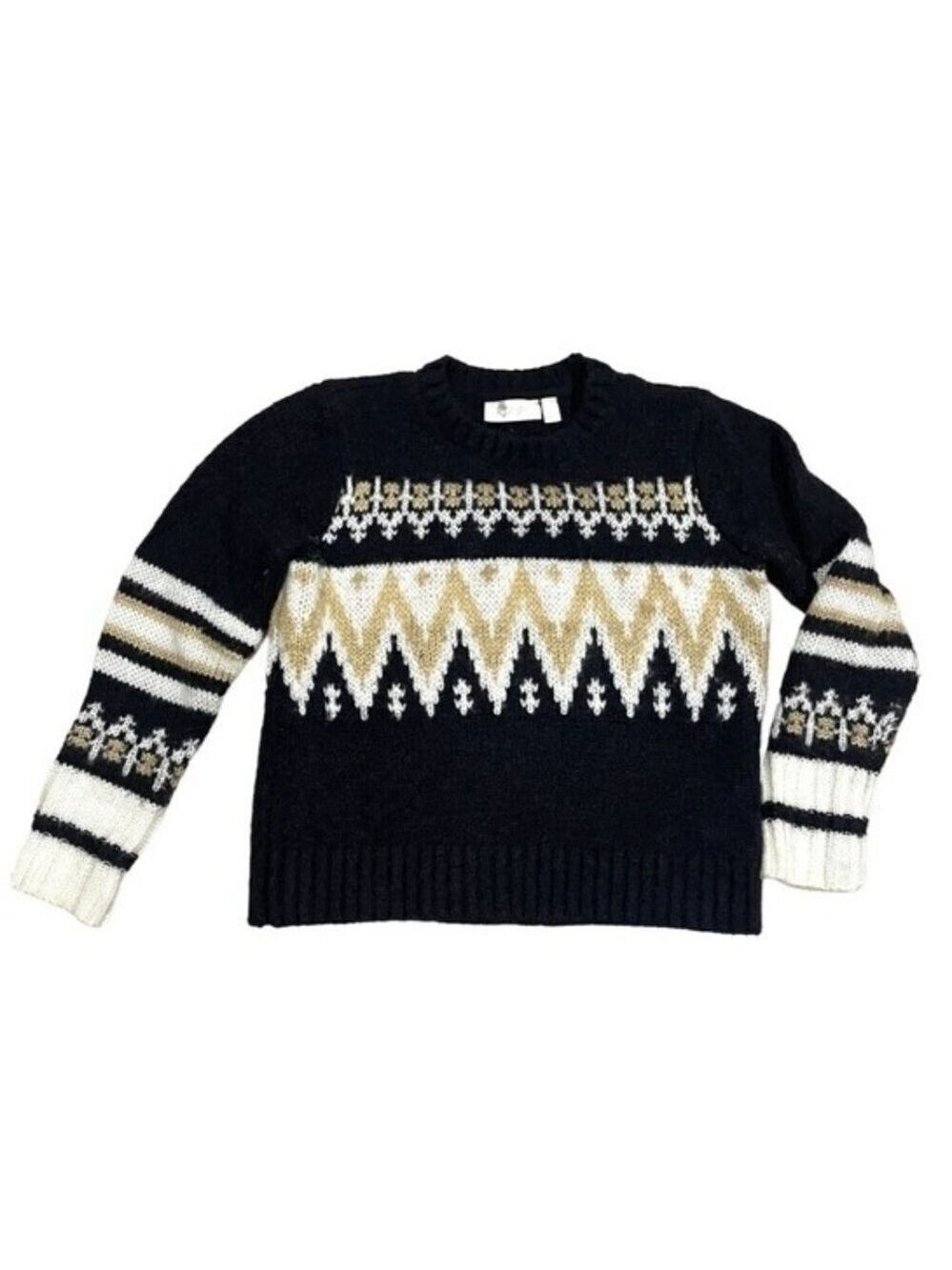 RD Style Women's Small Fair Isle Knit Wool Sweater Nordic Black Cream Geometric